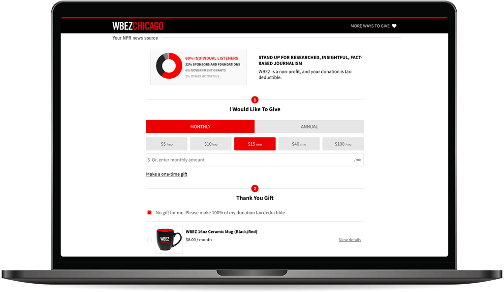 A screenshot of WBEZ’s Salesforce donation form.