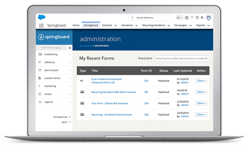 A screenshot of the Springboard platform, the top Salesforce donation processing tool for nonprofits.