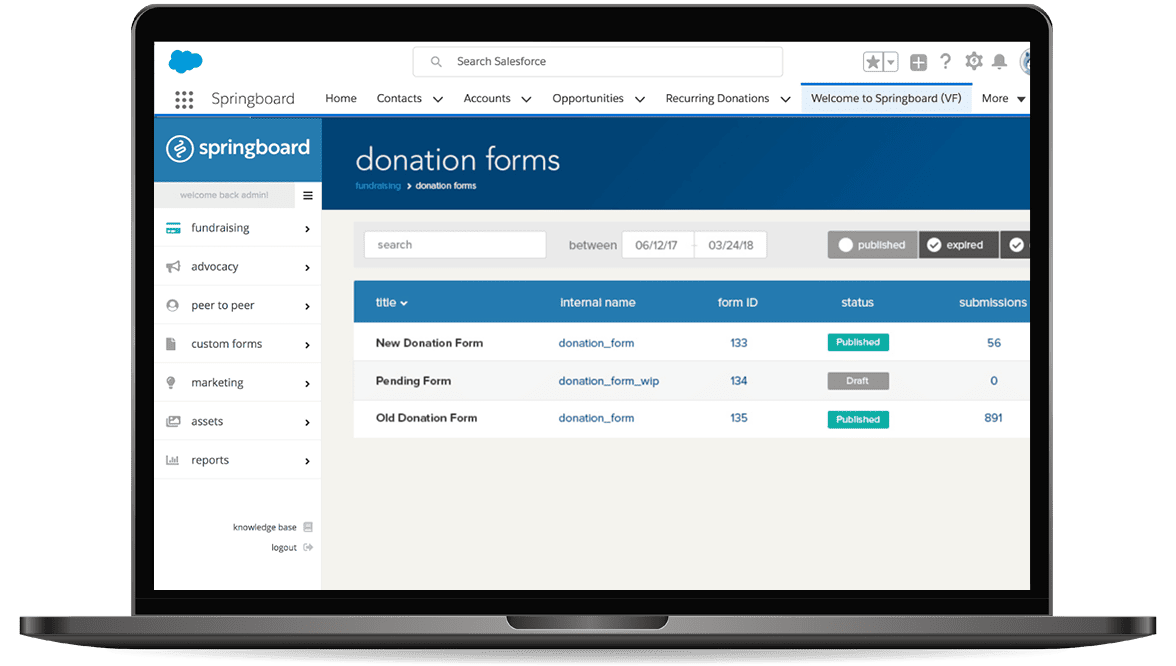 A screenshot illustrating how nonprofits can create and manage various Salesforce donation forms through Springboard.